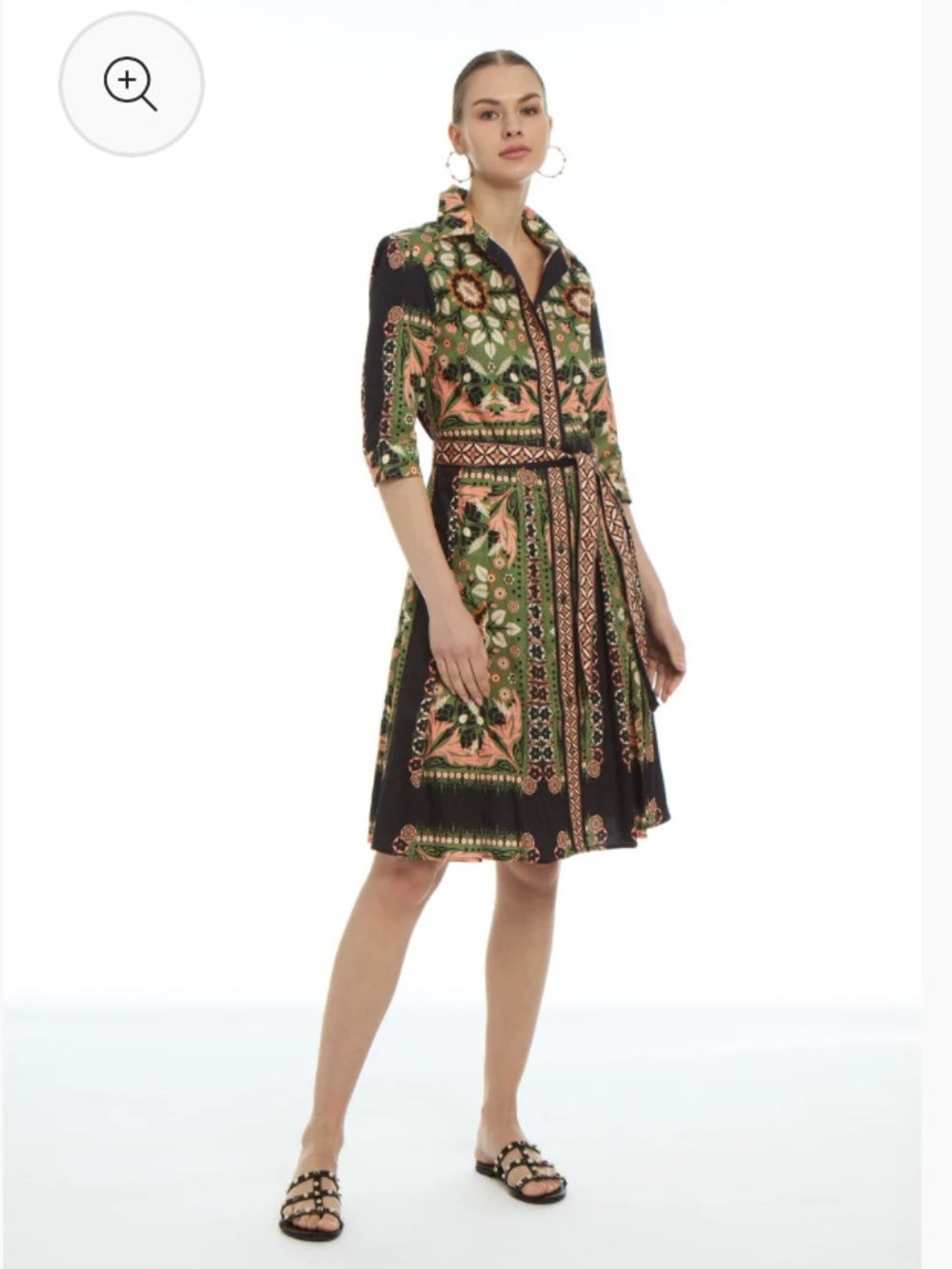 Patty Kim Kelly Dress Green Etro Print Belted Shirt Dress Boho Retro Size M